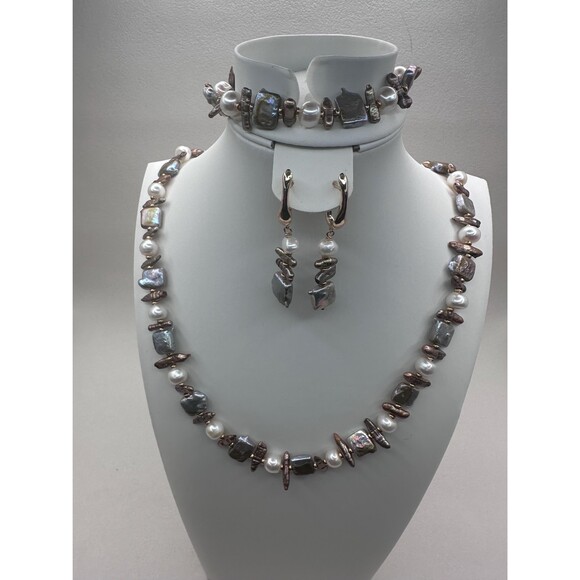 22 Mixed Baroque Pearl Necklace Bracelet Earrings Set Gold Plated - Picture 12 of 16